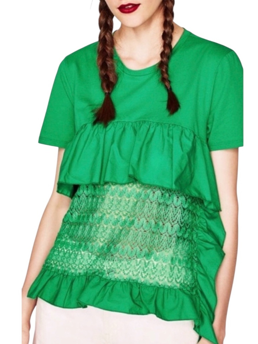 Zara Trafaluc Green Ruffle Lace Peplum Top Tie Sides Boho Size S